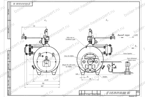 Чертеж парогенератора 500 кг 170 °С на газе